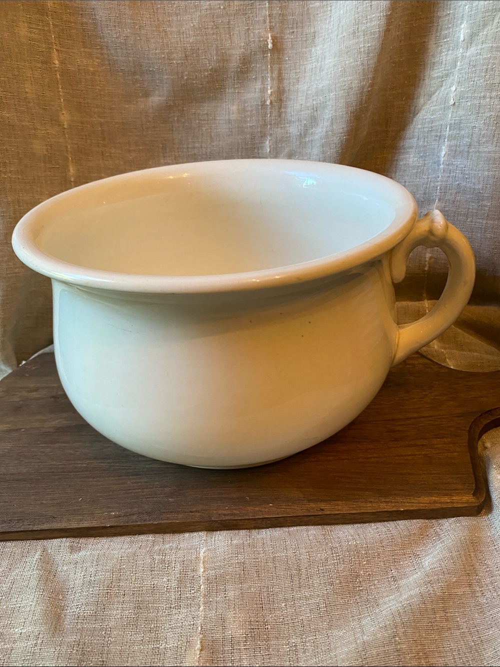 Antique Ceramic Chamber Pot with Handle - Neutral Farmhouse Rustic Cottage Decor